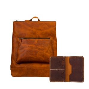 Mochila delgada de cuero Lone Deer + billetera para pasaporte