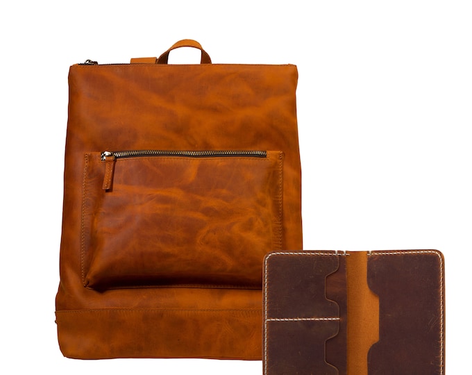 Lone Deer Leather Slim Backpack + Passport Wallet