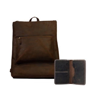 Mochila delgada de cuero Lone Deer + billetera para pasaporte
