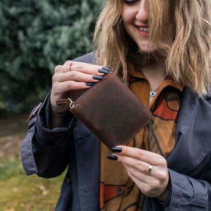 Cartera de cuero, embrague con cremallera, billetera de viaje, billetera con cremallera de cuero