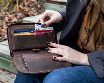 Personalized Tan Leather Women Zip Around Wallet, Leather Women Wallet, Zip Around Wallet, Personalized Gift