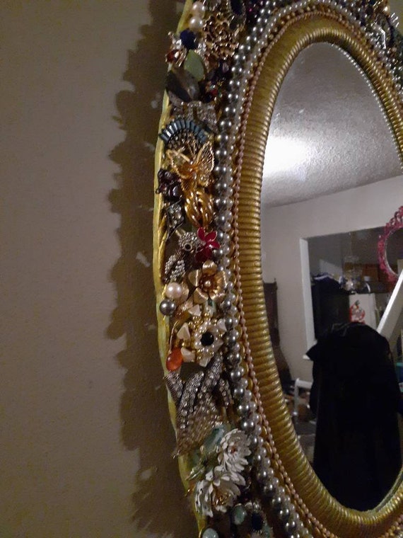 Antique Rhinestone Wall Mirror, Jeweled Mirror