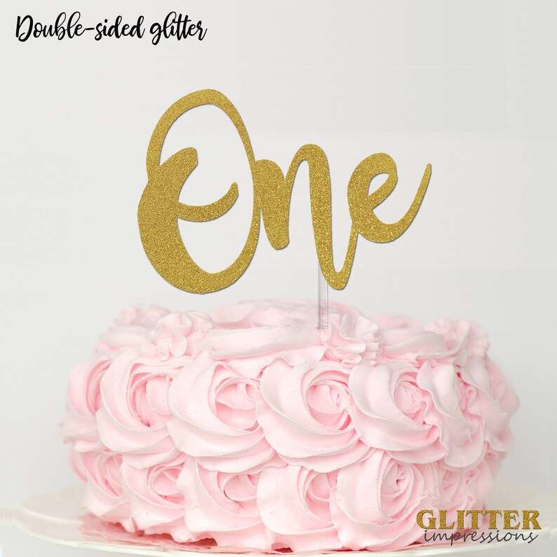 number ONE Birthday Cake Topper 1st Birthday Cake topper Cursive Font Glitter Birthday Cake Topper Sparkly Cake topper