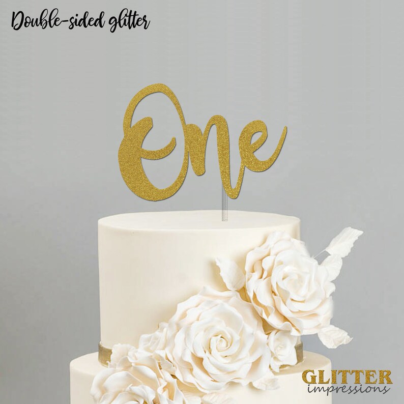 number ONE Birthday Cake Topper 1st Birthday Cake topper Cursive Font Glitter Birthday Cake Topper Sparkly Cake topper