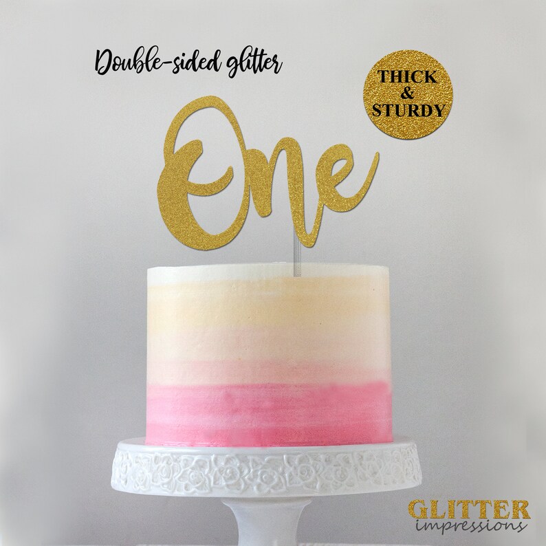 number ONE Birthday Cake Topper 1st Birthday Cake topper Cursive Font Glitter Birthday Cake Topper Sparkly Cake topper