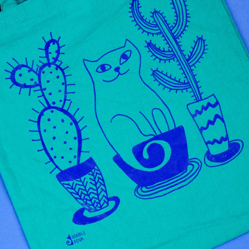 Cat And Cacti Tote Bag Emerald ~ Cat Gift ~ Cactus Plants