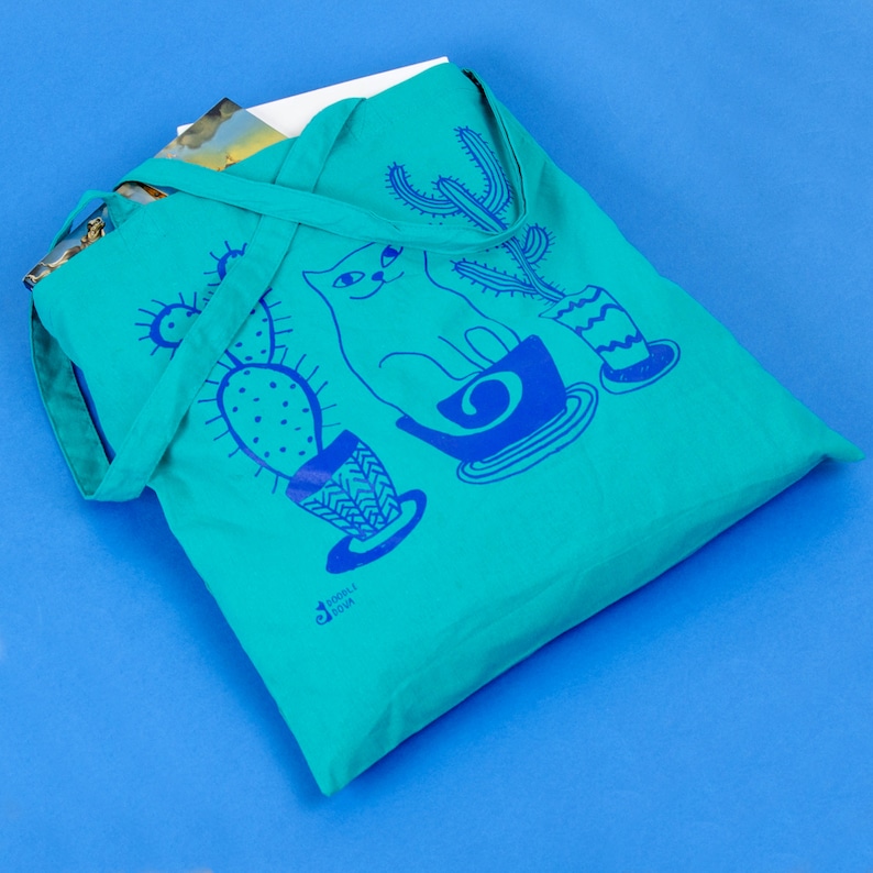 Cat And Cacti Tote Bag Emerald ~ Cat Gift ~ Cactus Plants