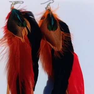 Leather and parrot feathers. Earwires are hypoallergenic stainless steel. Handmade by Lizzyjane.