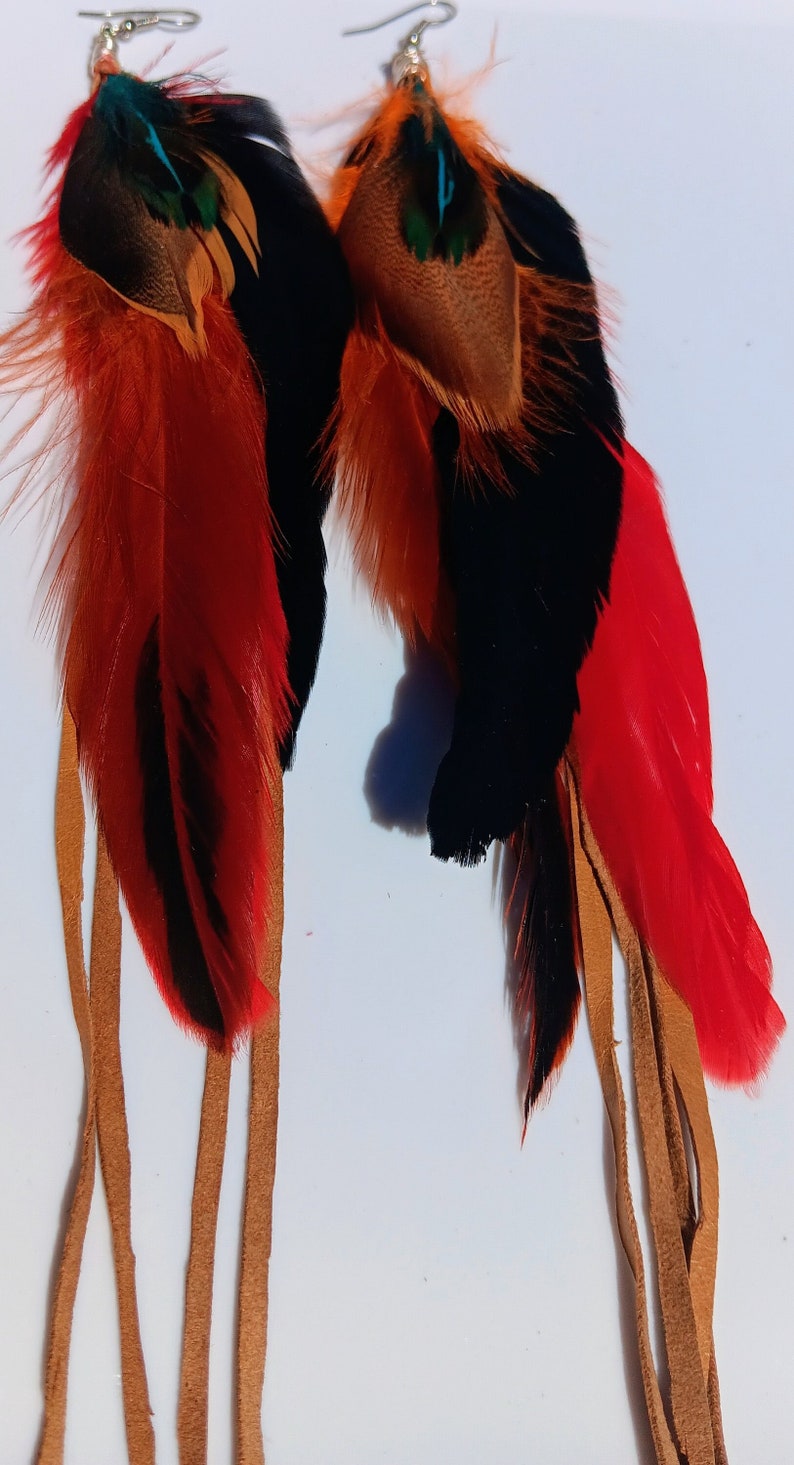 Leather and parrot feathers. Earwires are hypoallergenic stainless steel. Handmade by Lizzyjane.