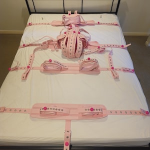 Kit de juego rosa Segufix, esposas extra seguras para tobillos, muslos y triple cintura, para hombros, pecho, muñecas y cabeza, estilo hospitalario.