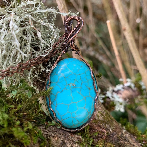 Natural Turquoise Dyed Pendant | Wire Wrapped in Patinated Copper | Boho Necklace