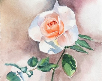 Original orange watercolor pink 24x25 cm // Original watercolor orange rose flower