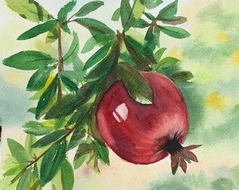 Pomegranate in original watercolor branch 24x24 cm // Original watercolor