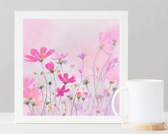 Original watercolor pink flowers 24x24 cm // Original watercolor pink little flowers