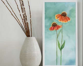 Watercolor Original orange daisies on background 21.5x42cm/Original Watercolor orange daisies