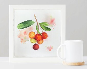 Bunch of strawberry trees on branch reproduction on watercolor paper // Print watercolor arbutus fruits in branch