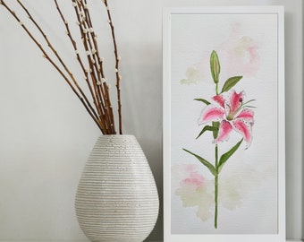 Original watercolor lilly pink on background 21.5x42cm/Original Watercolor pink lilly