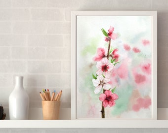 Watercolor print almond branch branch - Print Watercolor almond flowers branch