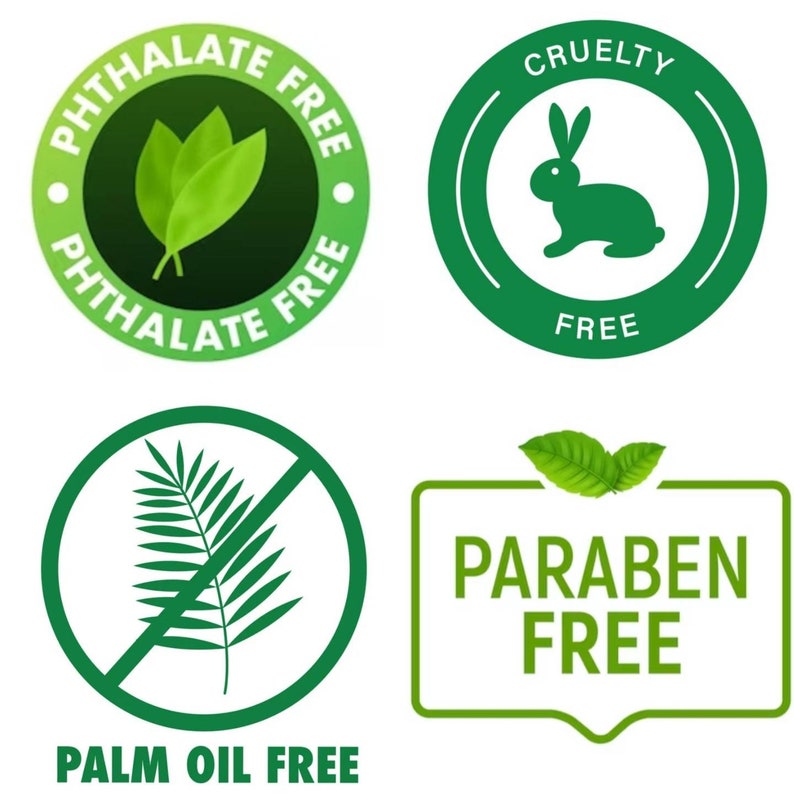 May include: Four green and white product labels. The labels state "Phthalate Free" with leaves, "Cruelty Free" with a rabbit, "Palm Oil Free" with a palm leaf, and "Paraben Free" with leaves.