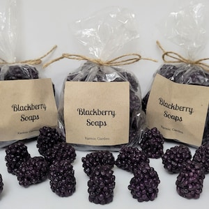 May include: Three bags of blackberry soaps, each tied with twine and labeled "Blackberry Soaps" with the name "Karmic Gardens".  The bags are surrounded by several blackberry-shaped soaps.