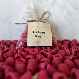 May include: A clear plastic bag filled with small, dark pink raspberry-shaped soaps, tied with a brown twine string. A beige paper label is attached to the front, featuring the black text Raspberry Soap and the brand name Karmic Garden.