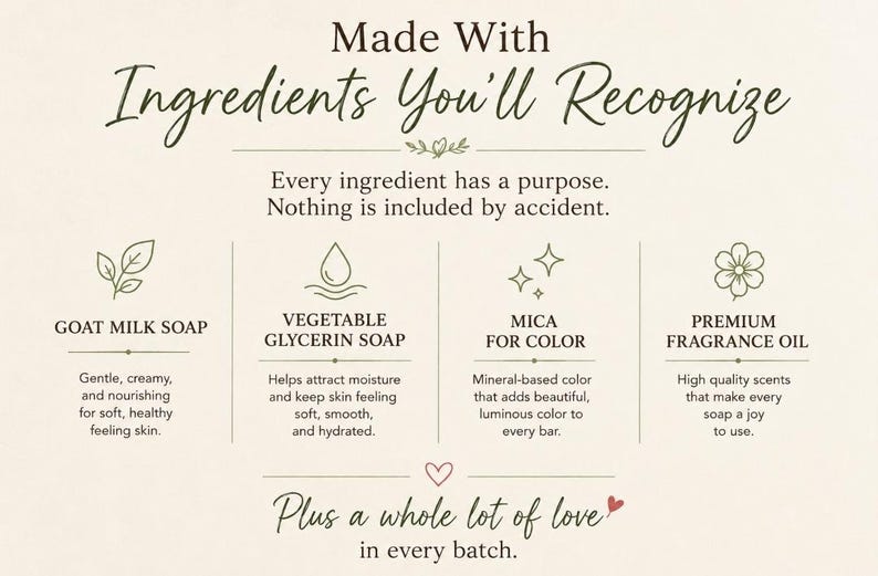 May include: An informational graphic titled Made With Ingredients You'll Recognize. It lists four components: Goat Milk Soap, Vegetable Glycerin Soap, Mica for Color, and Premium Fragrance Oil, each with a brief description and icon, plus the text Plus a whole lot of love in every batch.
