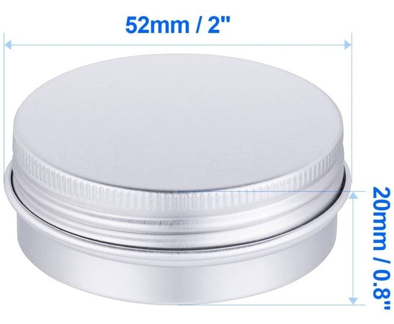 May include: A small, round, silver-colored metal tin with a screw-on lid. The tin measures 2 inches in diameter and 0.8 inches in height. The dimensions are clearly labeled on the image. The container is suitable for storing small items.