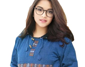 Hemp Women's hoodie Blue Color with bhutani stripe | 100% hemp clothing | hemp shirt