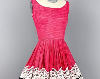 Vintage 1950s Dress | XS, Extra Small | 50s Swiss Dot Cotton Sun Dress with Lace Border, Fit & Flare Dress with Full Skirt