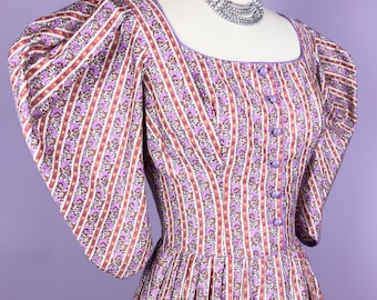 Vintage 1940s Dress by Sportlane Deb | XS, Extra Small | 1950s 40s Button Front Victorian Inspired Floral Polished Cotton