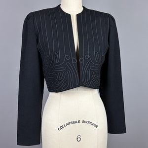 Vintage 1930s Bolero | Small | 30s Forstmann 100% Virgin Wool Cropped Jacket in Black with Soutache Braid