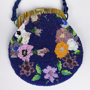 Vintage 1930s Beaded Handbag | 30s Floral Purse with Marbled Lucite Frame, Large Scale Floral Pattern in Beading, Pristine Unused Condition