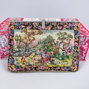 Vintage 1940s Petit Point Handbag | 40s 1930s Micro Tapestry Purse with Jewelled Frame, French Baroque Romantic Scene, Needlepoint Bag