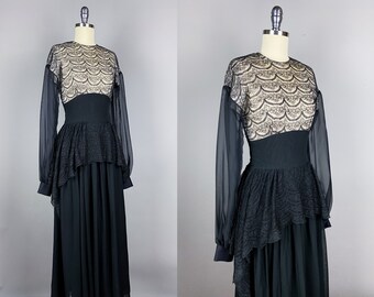 Vintage 1940s Dress | XS Extra Small | 40s Goth Babe Black Illusion Lace Gown, Long Sheer Sleeves, Lace Peplum