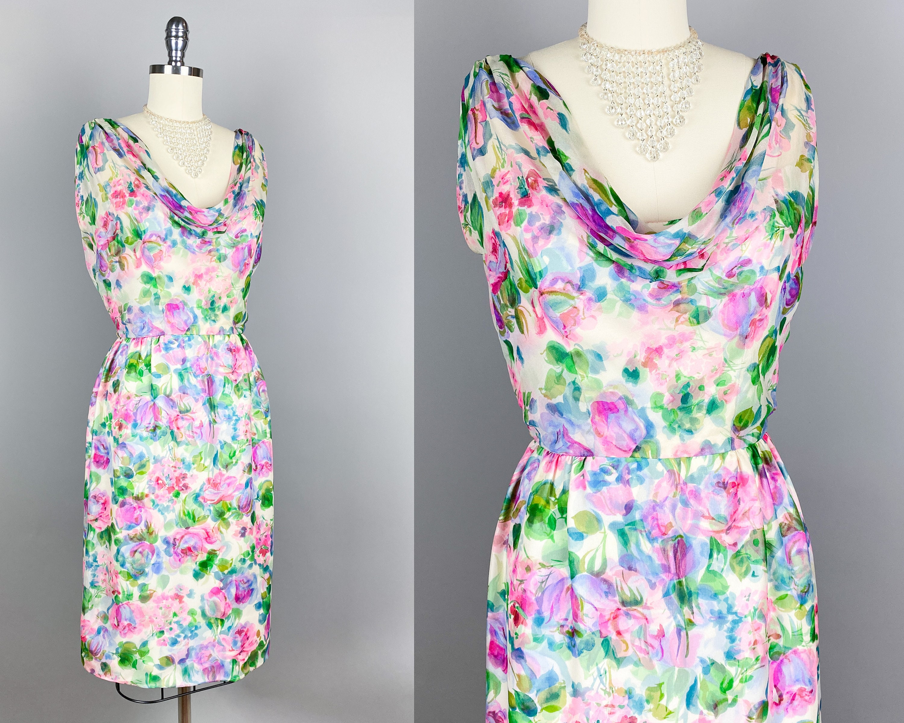 Vintage 1960s Dress by Malcolm Starr Small 60s Silk Chiffon Watercolor ...