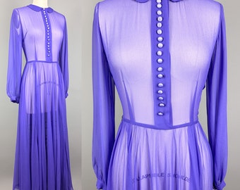 Vintage 1930s Dress | Small, XS | 30s Cornflower Blue or Purple Sheer Gown, Completely Sheer Rayon Chiffon, Full Gored Skirt, Long Sleeves