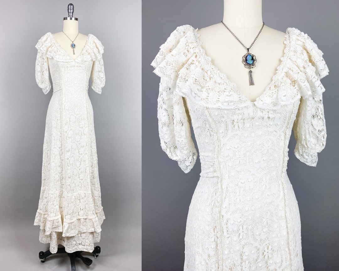 Heavenly 1970s Lace Trimmed Cotton Maxi Dress