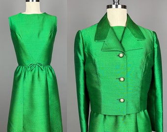 Vintage 1960s Suit by Lilli Ann | XS Extra Small | 60s Dress & Jacket Set in Kelly Green Worsted Wool, Mid-Century Suit