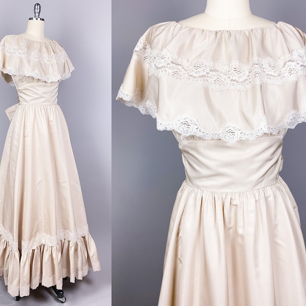 Vintage 1970s Dress by Victor Costa | Small | 70s 1980s Silk Gown with Lace Trim, Cocktail Dress, Prairie Style High End Designer Dress