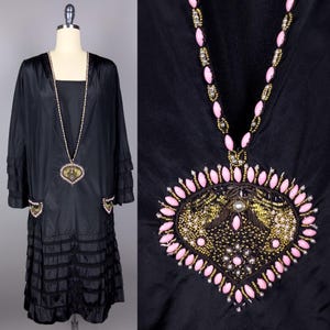 Vintage 1920s Dress | Small, Medium | 20s Art Deco Beaded Flapper Dress in Black Silk with Pink, Gold & Bronze Jewelled Embellishments