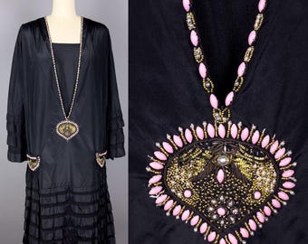 Vintage 1920s Dress | Small, Medium | 20s Art Deco Beaded Flapper Dress in Black Silk with Pink, Gold & Bronze Jewelled Embellishments