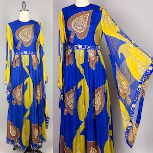 Vintage 1960s Dress for Nan Duskin | Small | Vibrant Blue Silk Chiffon 60s Gown, Angel Sleeves, Designer Maxi Dress