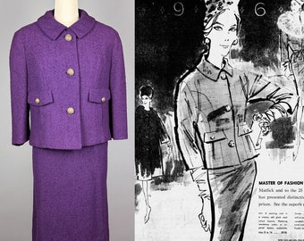 Vintage 1960s Suit by Zelinka Matlick | Small, Medium | 60s 1950s Skirt & Jacket Set in Purple Stroock Textured Wool, Mid-Century Suit