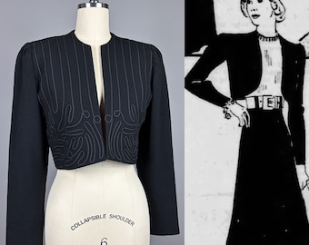 Vintage 1930s Bolero | Small | 30s Forstmann 100% Virgin Wool Cropped Jacket in Black with Soutache Braid