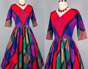 Vintage 1950s Dress by Maggi Stover | XS, Extra Small | 50s Large Scale Rainbow Plaid Cotton Day Dress, Dress with Full Skirt, 3/4 Sleeves
