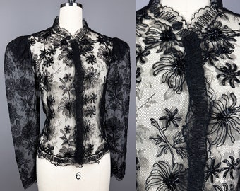 Vintage 1930s Blouse | Medium | Glamorous 30s Beaded Lace Blouse with Soutache, Glass Beads, Strong Shoulders