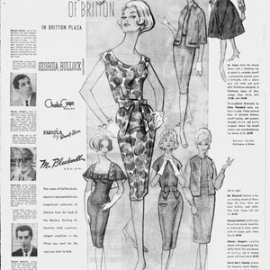 May include: A black and white illustration of five women wearing different dresses. The dresses are all knee-length and have different patterns and styles. The illustration is from a vintage fashion advertisement. The text in the image reads: "California created-Florida fated".