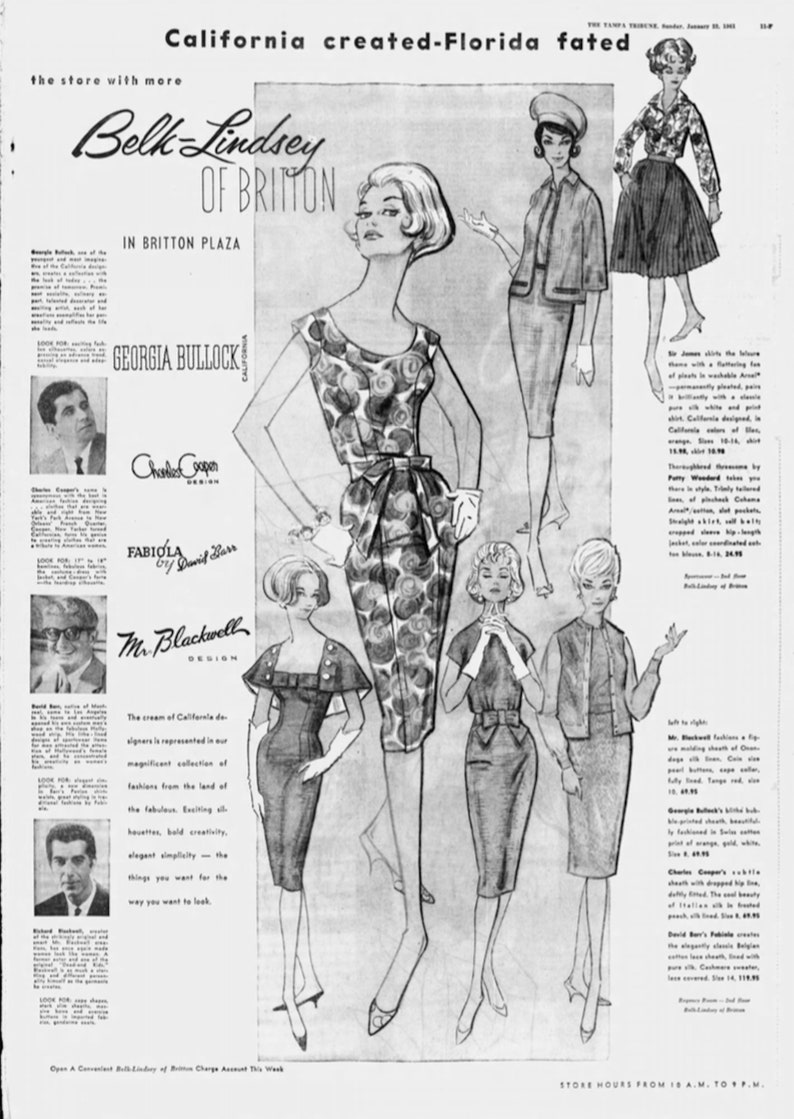 May include: A black and white illustration of five women wearing different dresses. The dresses are all knee-length and have different patterns and styles. The illustration is from a vintage fashion advertisement. The text in the image reads: "California created-Florida fated".