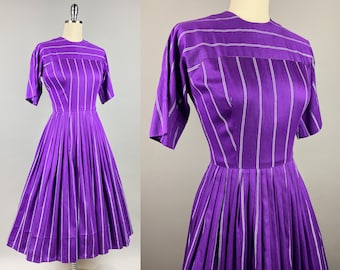 Vintage 1950s Dress by Jonathan Logan | Small | 50s Polished Cotton Day Dress in Royal Purple, White Stripes, Full Skirt, Fit & Flare Dress