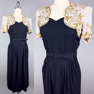 Vintage 1940s Dress, A Benham Original | Small | 40s Sequin Cocktail Dress, Faux Pearls, Strong Padded Shoulders, Femme Fatale Dress